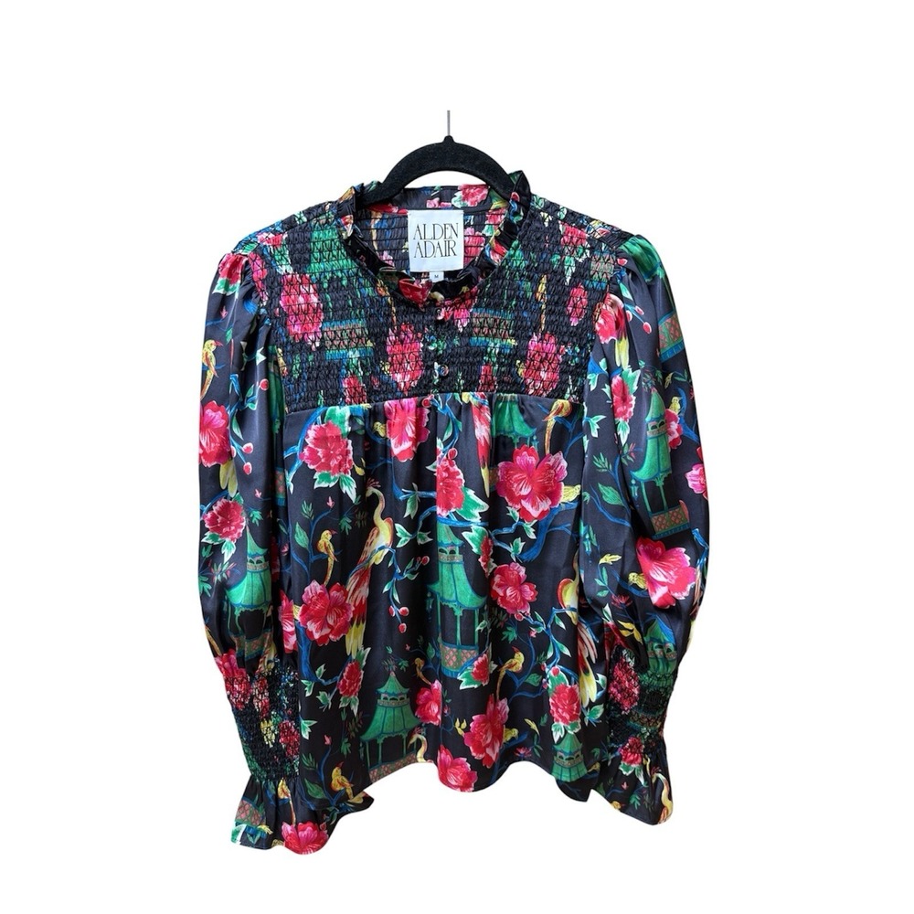 Alden Adair Melody Floral Bird Print Smocked Blouse Puff Sleeve Top Size M